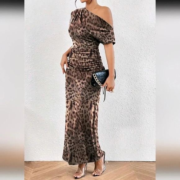 BAE Leopard Print Asymmetrical Neck Ruched Side Mermaid Hem Dress - Picture 1 of 4